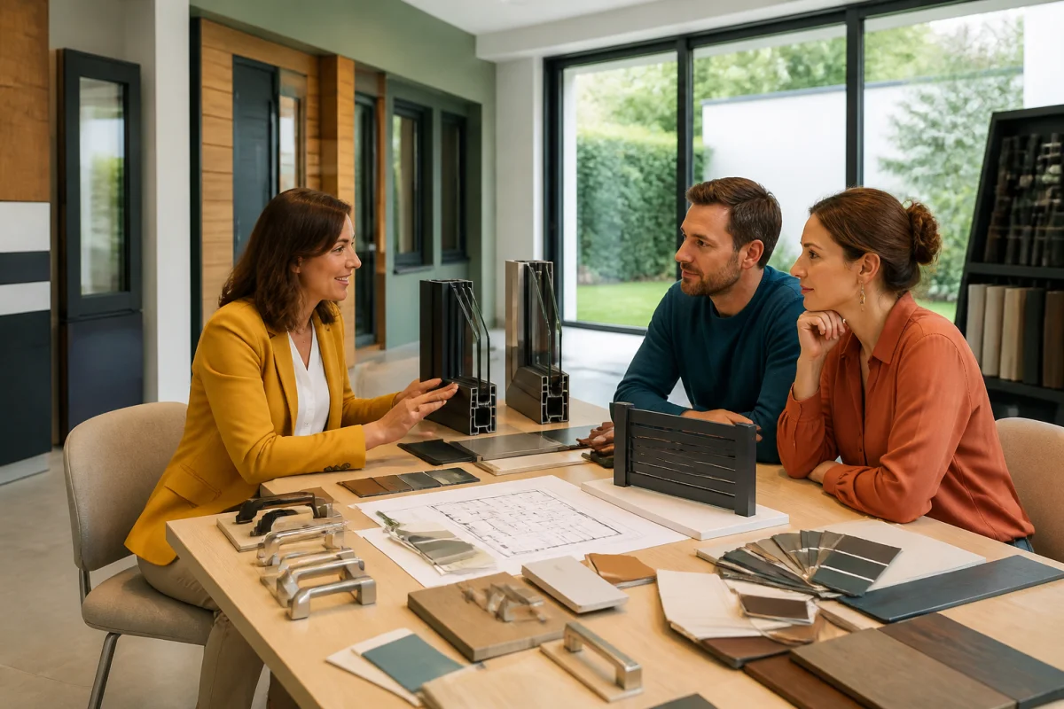 Robane conseille un couple sur un projet de menuiserie avec échantillons de fenêtres, portes, portail et clôture en showroom