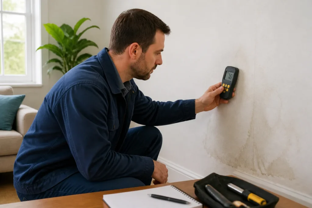 Personne mesurant les signes d’humidité dans une maison avec un hygromètre sur un mur marqué de légères auréoles