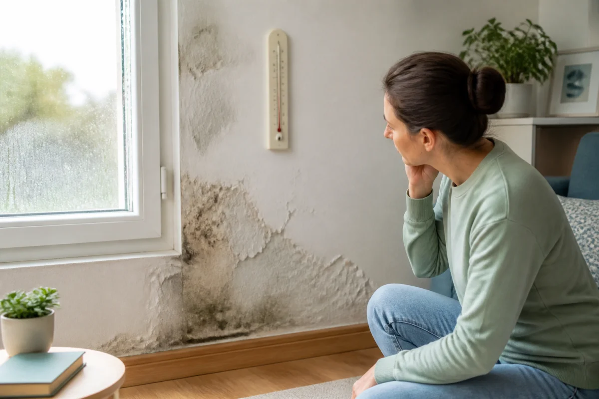 Mur intérieur avec taches d’humidité, peinture cloquée, condensation autour d’une fenêtre et personne observatrice.