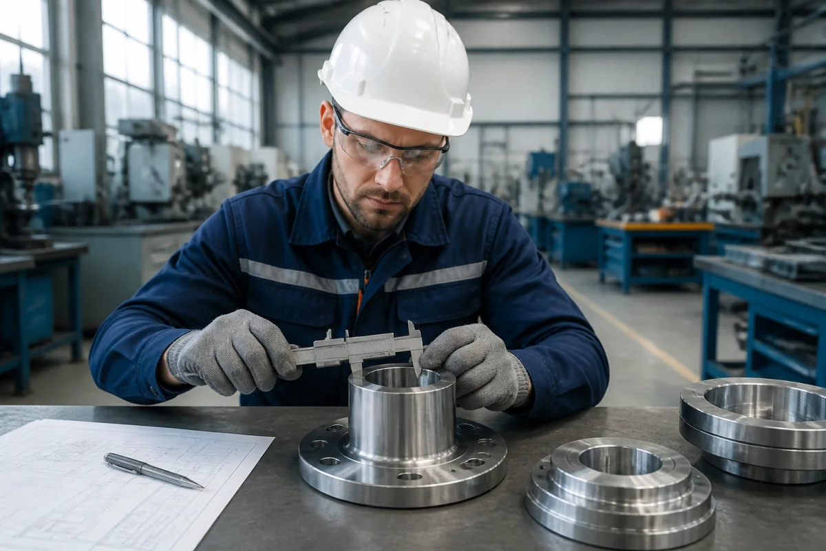 Technicien Sodi inspectant une pièce métallique sur mesure dans un atelier industriel avec des instruments de mesure