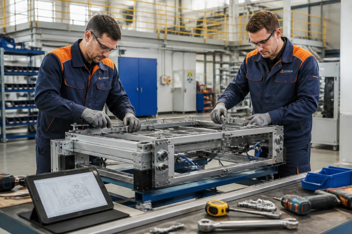Techniciens Sodi assemblant une structure métallique sur un équipement industriel dans un atelier professionnel sécurisé