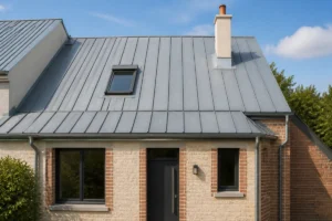 Toiture en zinc rénovée avec raccords étanches autour d’une cheminée, fenêtre de toit et évacuations d’eau