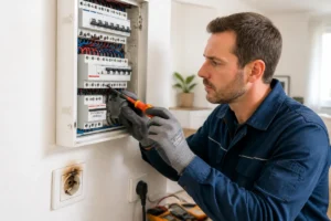 Électricien inspectant un tableau électrique et une prise surchauffée lors de travaux de dépannage à domicile